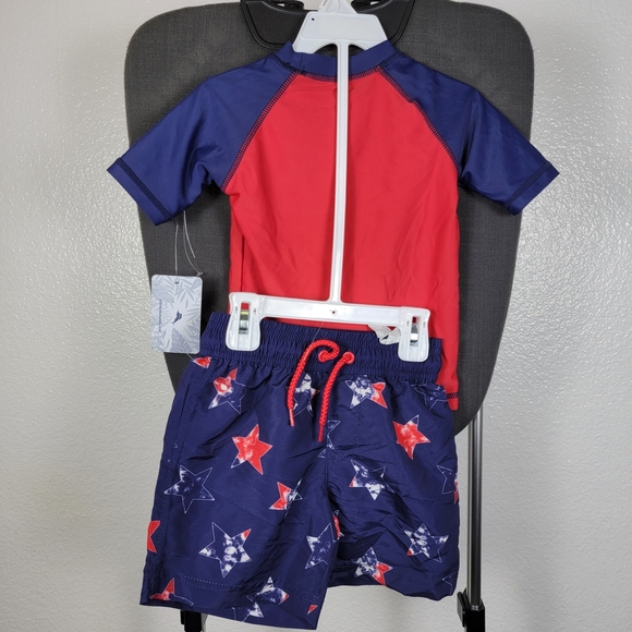Tommy Bahama Infant Boy's 2 Pc Rash Guard Swimsuit Trunks Top Set Red Blue 2T - Picture 2 of 6